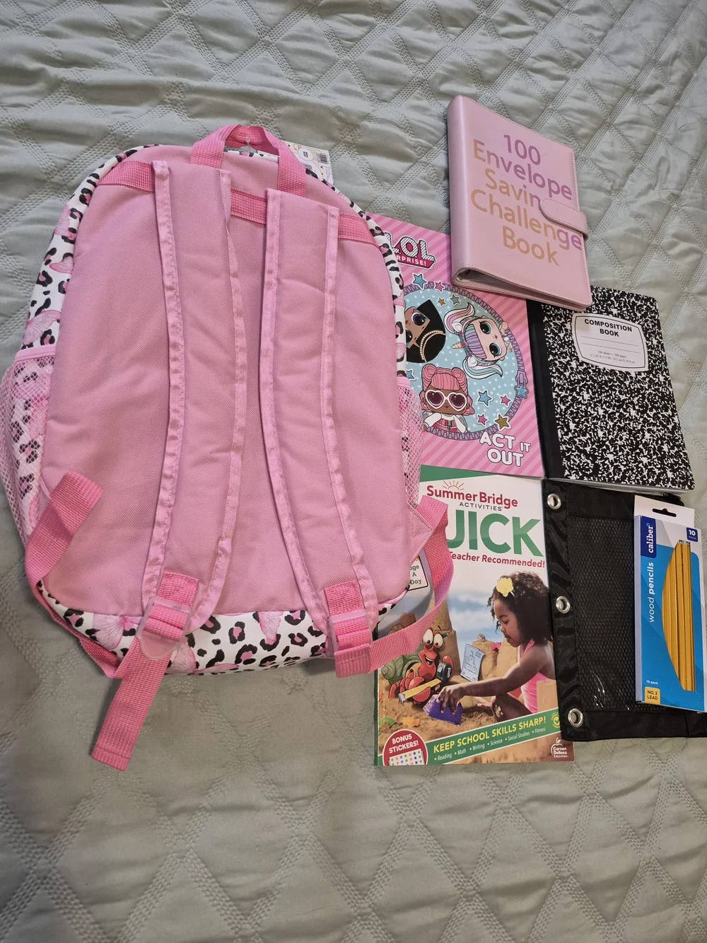 Pink Butterfly Leopard Faux Leather Backpack with School Supplies